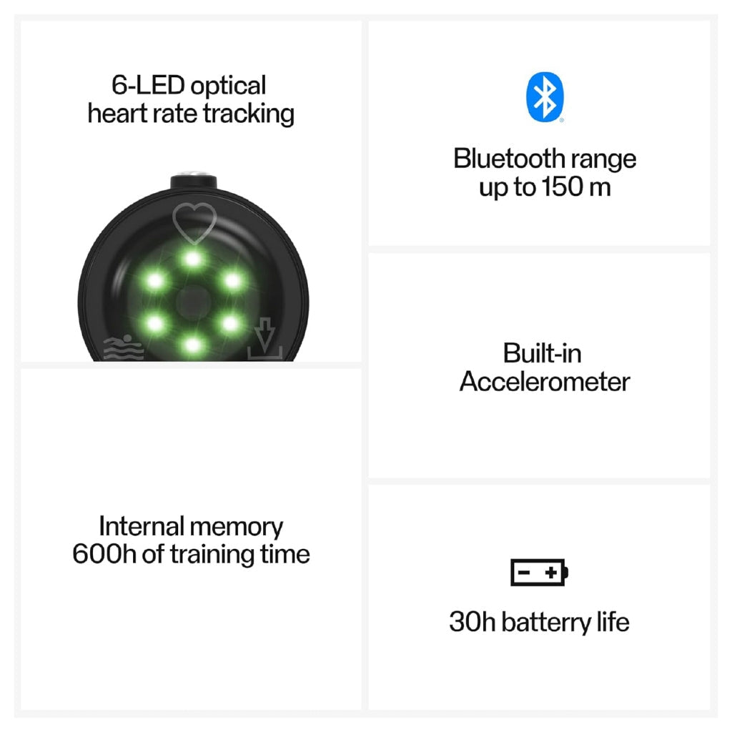 Product features including 6-LED optical heart rate tracking, Bluetooth range, built-in accelerometer, internal memory, and battery life on a white background | Polar Philippines