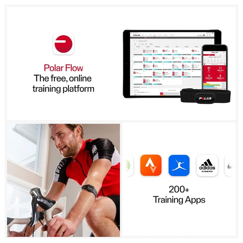 Polar Flow platform with tablet, smartphone, and person cycling, featuring 200+ training apps | Polar Philippines