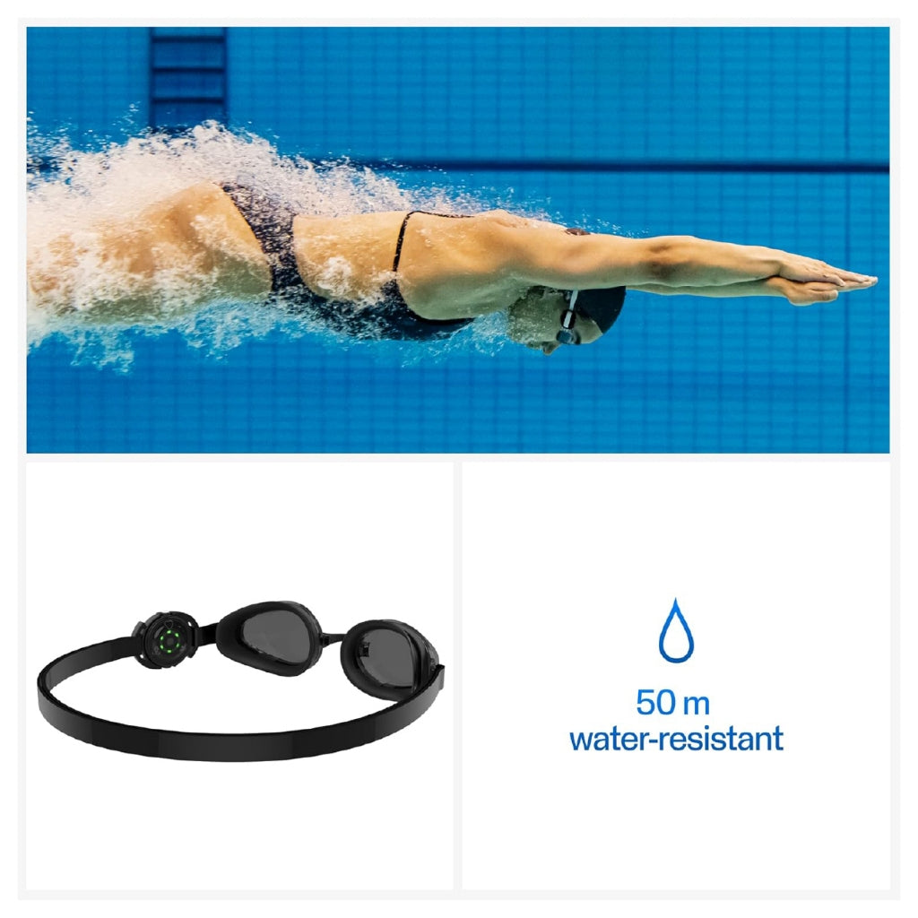 Swimmer in action with a pair of swim goggles labeled '50 m water-resistant' on a blue background | Polar Philippines